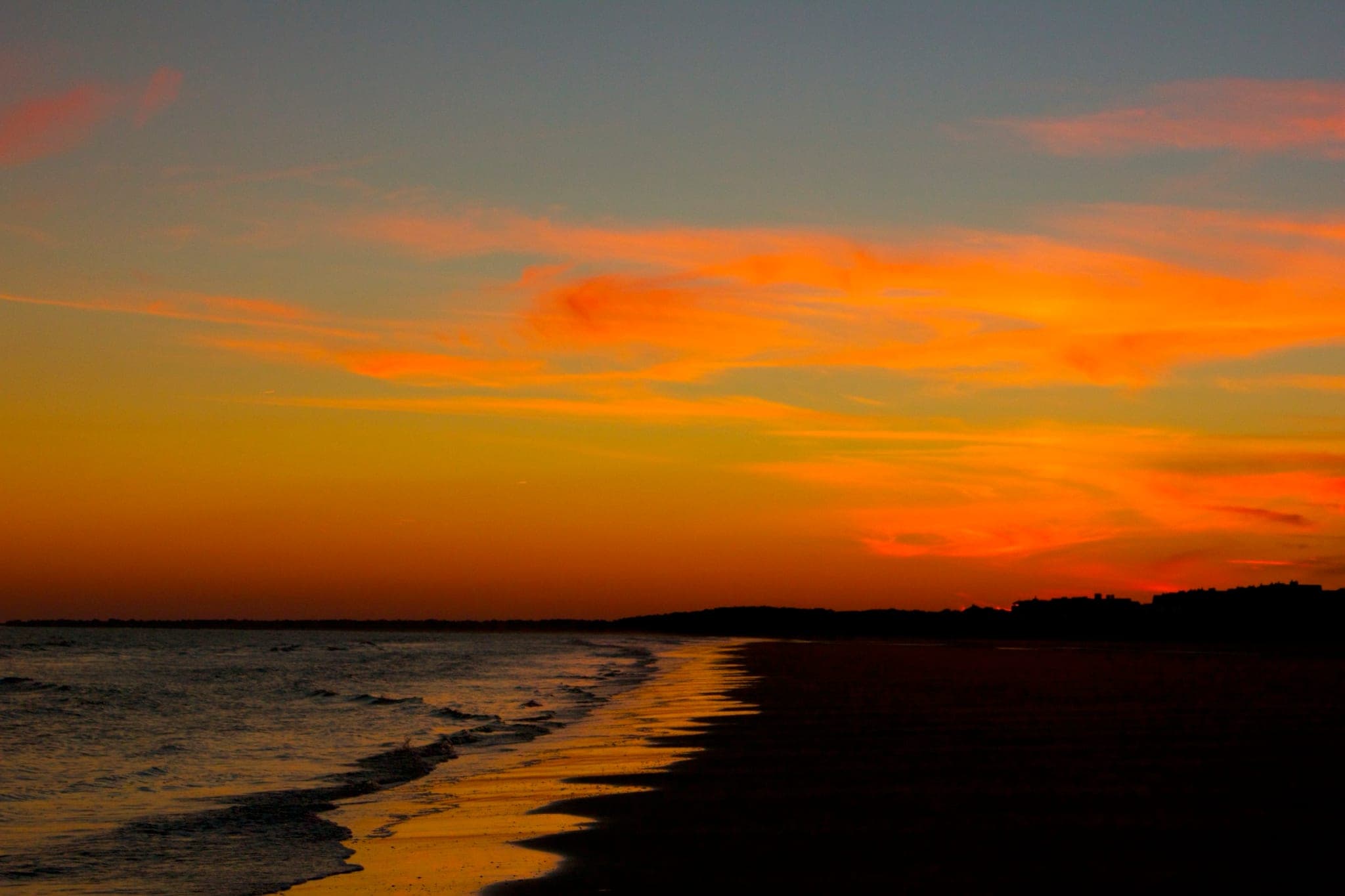 Sunset over the water at Kiawah Island with silhouetted palms and marsh grass